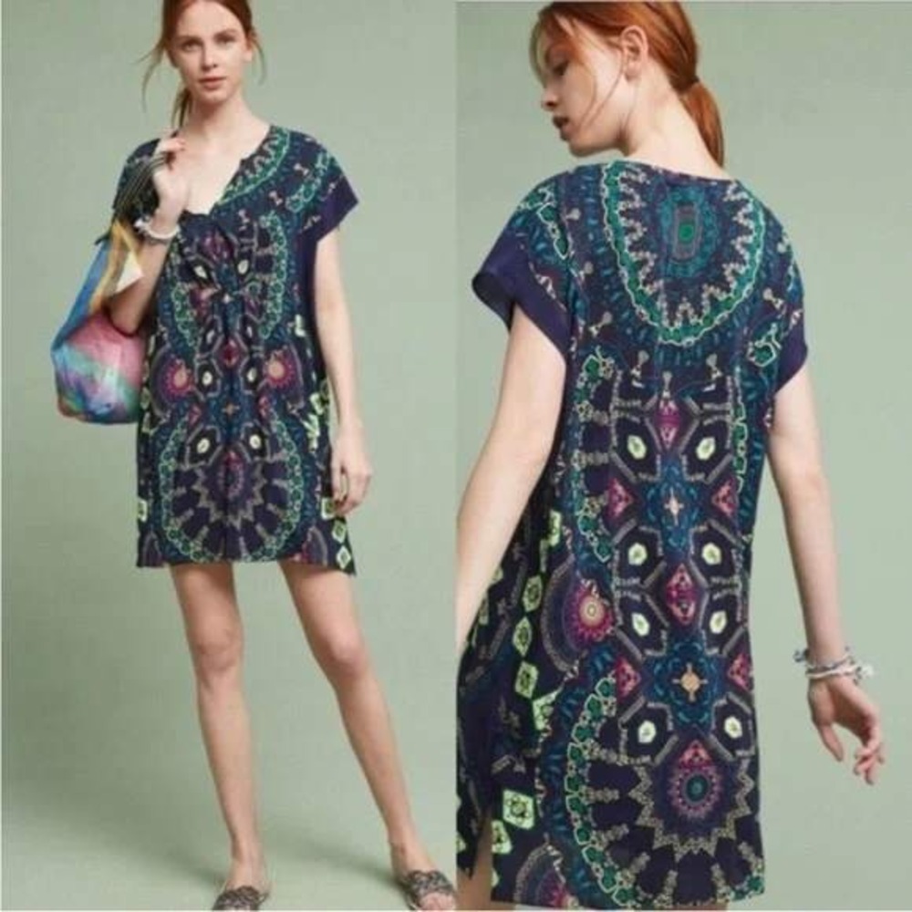 Maeve Silk Dress Womens Small Blue Tribal Dopamine Dressing Maxamilist Boho Chic